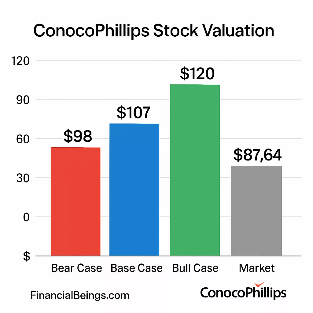 ConocoPhillips Stock Forecast 2025 price target chart comparing bear, base, and bull scenarios from FinancialBeings equity research.