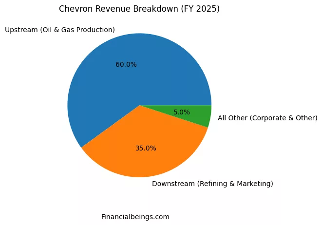 XOM vs CVX stock business model breakdown showing Chevron revenue mix with upstream, downstream and other segments for FY 2025