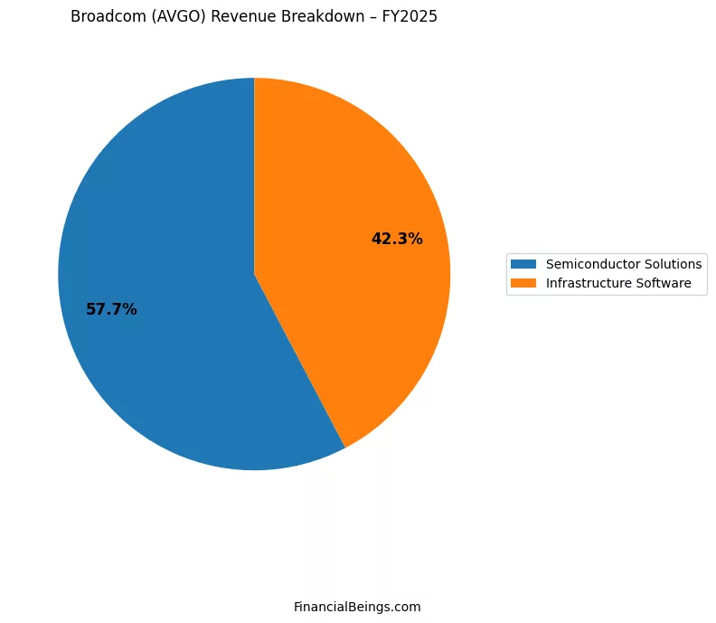 Nvidia vs Broadcom revenue comparison – Broadcom FY2025 revenue breakdown between Semiconductor Solutions and Infrastructure Software.