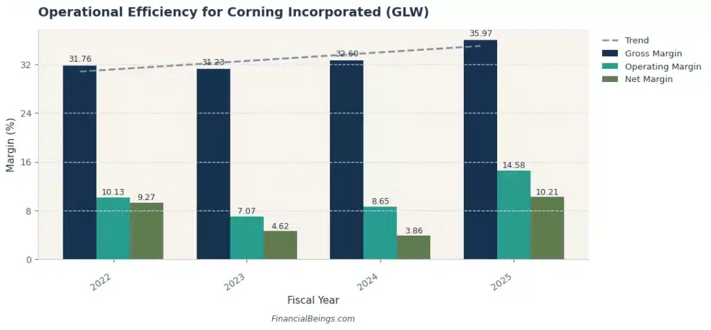 Best AI data center stocks – Corning (GLW) operational efficiency showing margin trends from 2022 to 2025 as fiber optics demand grows with AI data center infrastructure