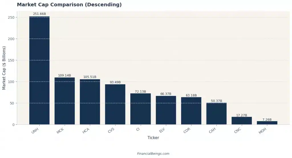 Descending bar chart comparing market capitalization of 10 best large healthcare companies, with UNH leading at $252B, followed by MCK at $109B and HCA at $106B, down to MOH at $7B. Source: Financial Beings.
