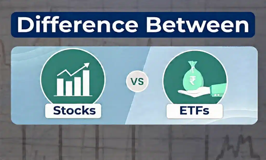 Difference Between Stocks vs ETFs - Infographic showing bar chart with upward arrow for Stocks and money bag with Rupee symbol on hand for ETFs