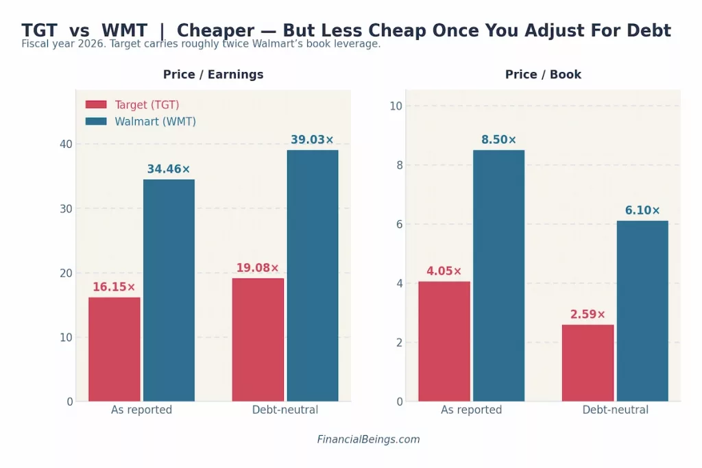 Two-panel bar chart comparing Target and Walmart valuation multiples, as reported and debt-neutral, for fiscal year 2026. Price/Earnings: Target 16.15x reported (19.08x debt-neutral) vs Walmart 34.46x reported (39.03x debt-neutral). Price/Book: Target 4.05x reported (2.59x debt-neutral) vs Walmart 8.50x reported (6.10x debt-neutral). Target remains cheaper than Walmart on both metrics even after adjusting for debt.