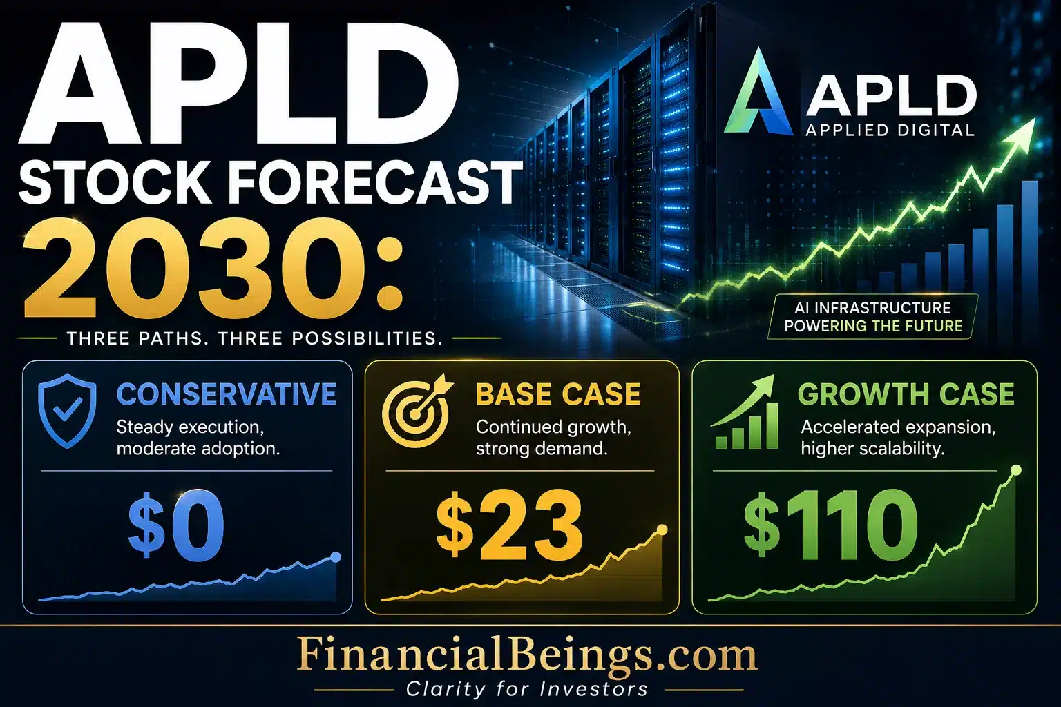 Three 2030 price scenarios for Applied Digital (APLD) — conservative $0, base $23, growth $110 — against a data center backdrop