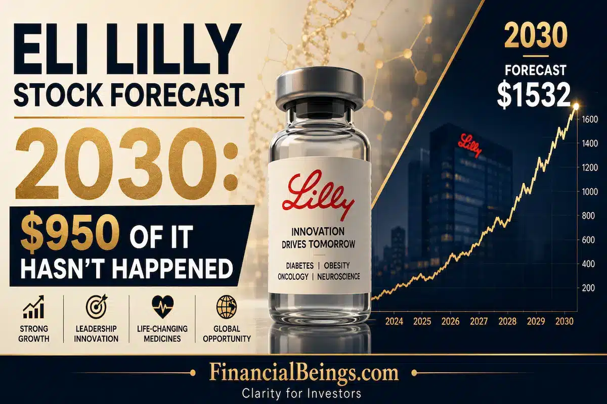 Eli Lilly stock forecast 2030 featured image showing a $1,532 conservative price projection and highlighting that $950 of today's $1,189.41 share price is based on future growth that hasn't occurred yet