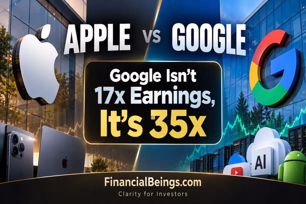 Apple vs Google stock comparison — Google isn't 17x earnings, it's 35x, FinancialBeings analysis