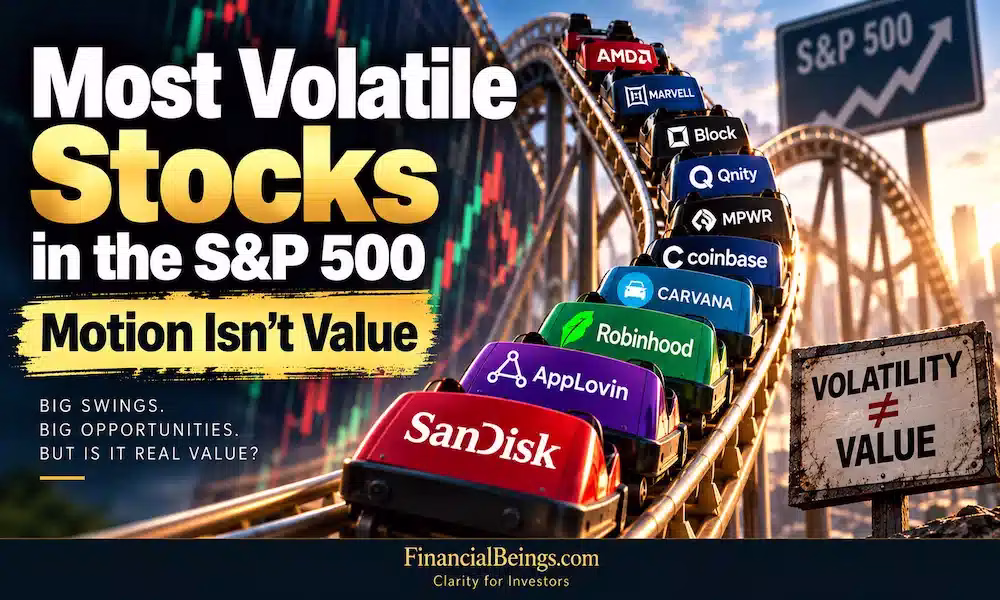 Roller coaster graphic of the most volatile stocks in the S&P 500, from Sandisk to AMD, showing that volatility is not value