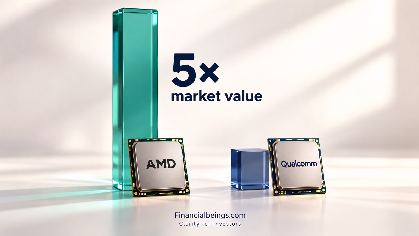AMD and Qualcomm chips beside teal and navy columns illustrating AMD’s roughly fivefold market value despite similar trailing revenue.