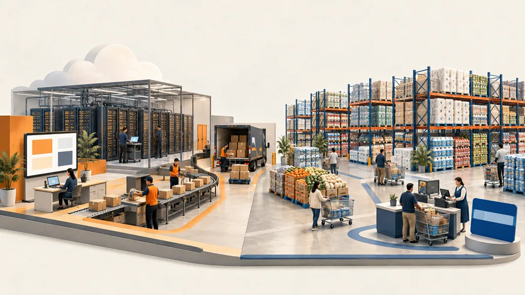 Amazon vs Costco: cloud data center and package fulfillment on one side, a warehouse club with shoppers and bulk goods on the other